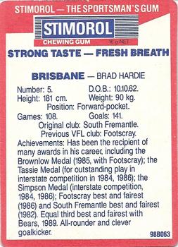 1990 AFL Scanlens Stimorol #116 Brad Hardie Back
